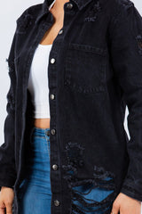 American Bazi Distressed Button Up Long Sleeve Denim Jacket - Trendsi