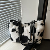 Cow Print Furry Tote Bag - Trendsi