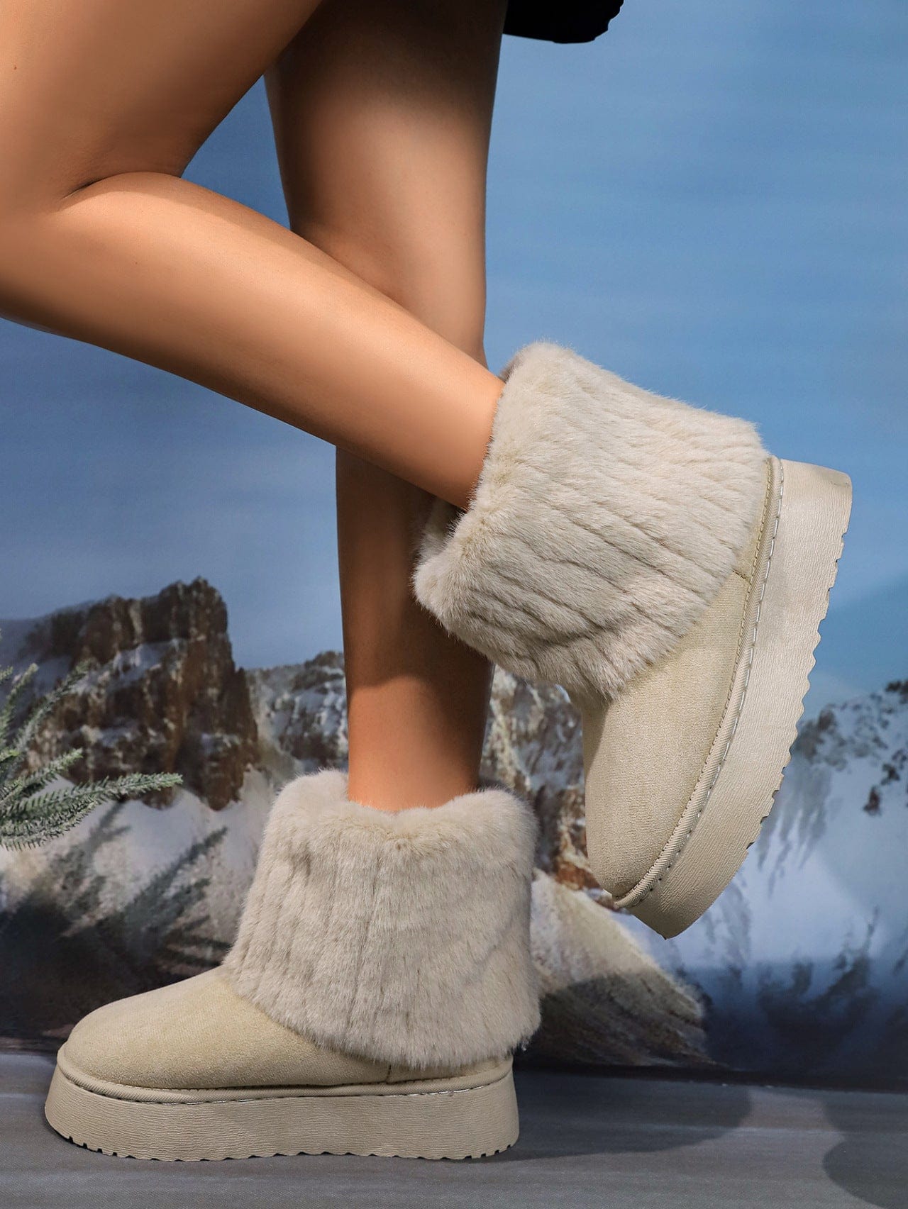 Thermal Faux Fur Suede Platform Boots - Trendsi