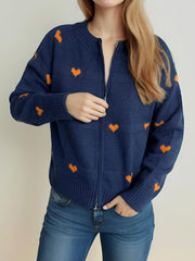 Heart Round Neck Zip Up Cardigan - Trendsi