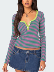 Buttoned Striped Long Sleeve T-Shirt - Trendsi