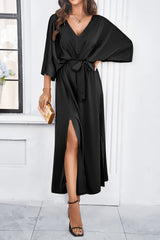 Slit Tied V-Neck Three-Quarter Sleeve Dress - Flyclothing LLC