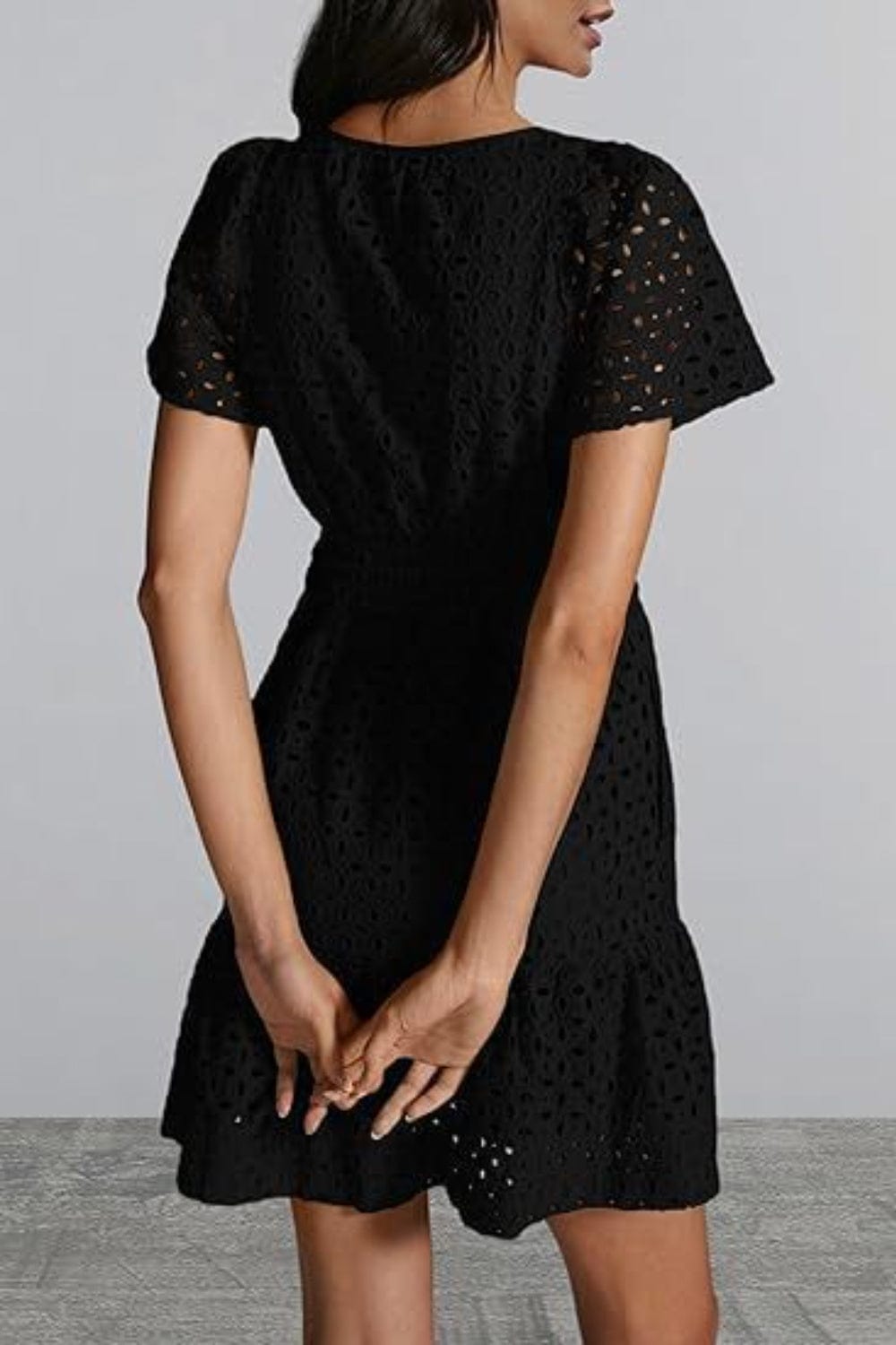 Eyelet Notched Short Sleeve Mini Dress - Trendsi