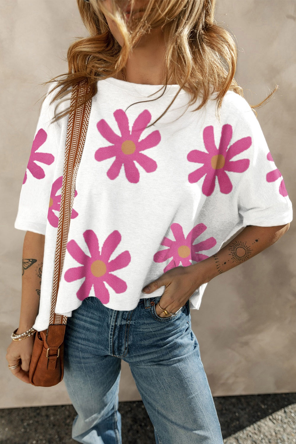 Flower Round Neck Half Sleeve T-Shirt Trendsi