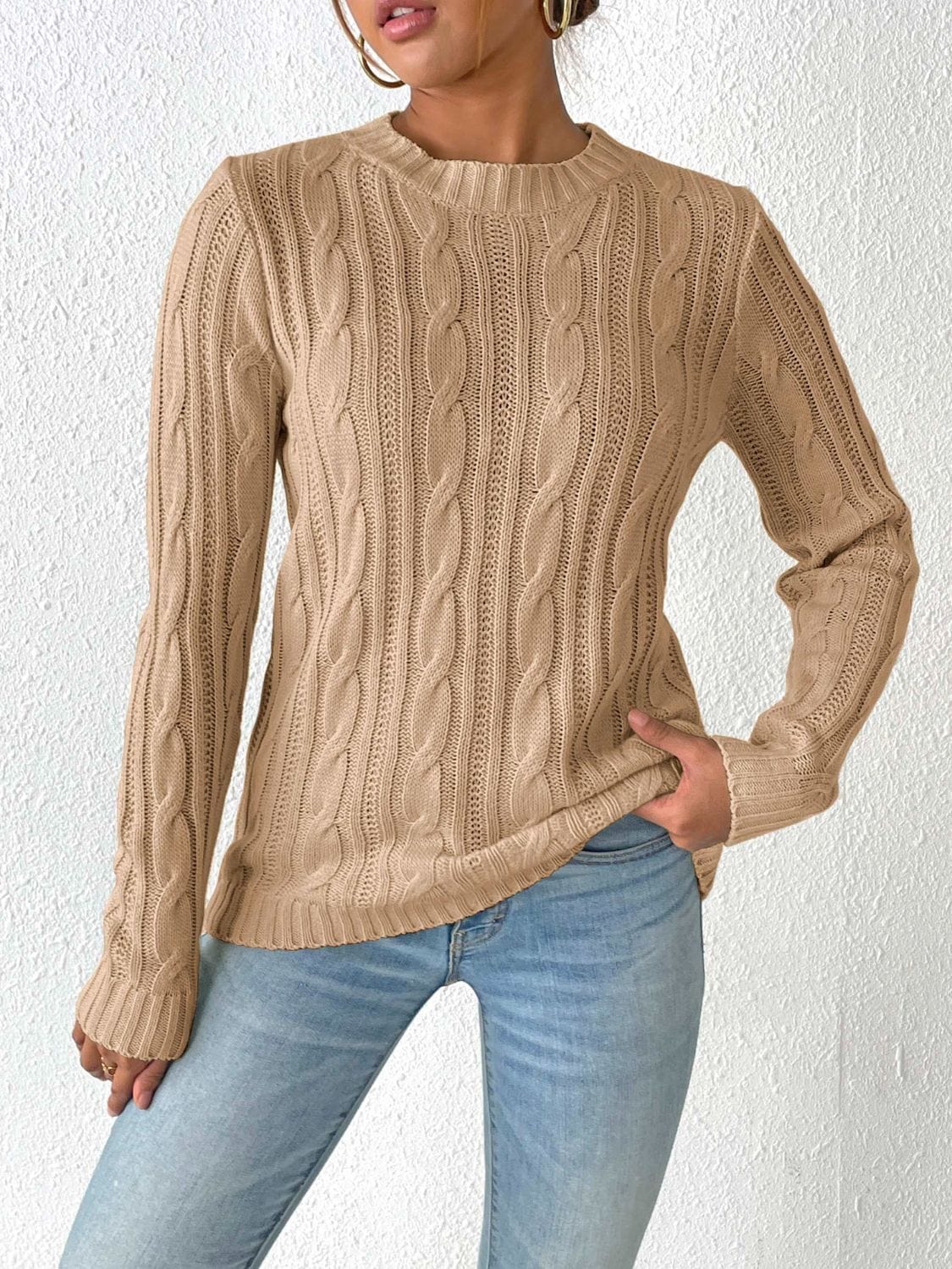 Cable-Knit Round Neck Sweater - Trendsi