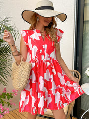 Printed Notched Cap Sleeve Dress Trendsi