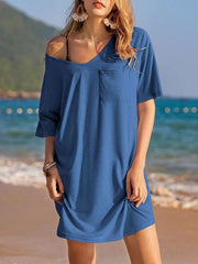 Pocketed V-Neck Short Sleeve Tee Dress