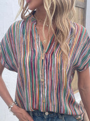 Striped Notched Short Sleeve Blouse Trendsi