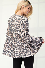 Celeste Full Size Leopard V-Neck Balloon Sleeve Blouse - Trendsi