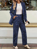 Full Size Leopard Lapel Collar Long Sleeve Blazer and Pants Set