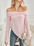 Ribbed Asymmetrical Hem Off-Shoulder Long Sleeve T-Shirt