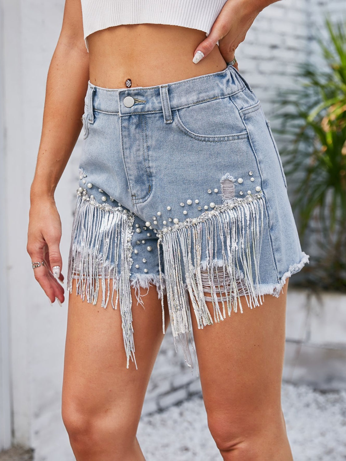 Distressed Pearl Trim Denim Shorts with Pockets - Flyclothing LLC