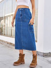 Slit Midi Denim Skirt with Pockets Trendsi