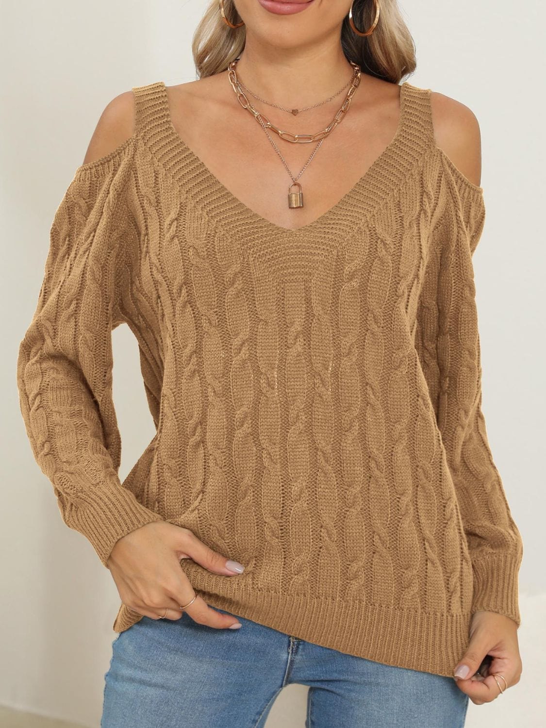 Cable-Knit V-Neck Long Sleeve Sweater - Trendsi