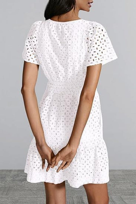 Eyelet Notched Short Sleeve Mini Dress - Trendsi