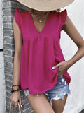 Ruffled V-Neck Cap Sleeve Blouse - Flyclothing LLC