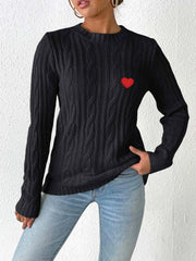 Cable-Knit Heart Round Neck Long Sleeve Sweater - Trendsi