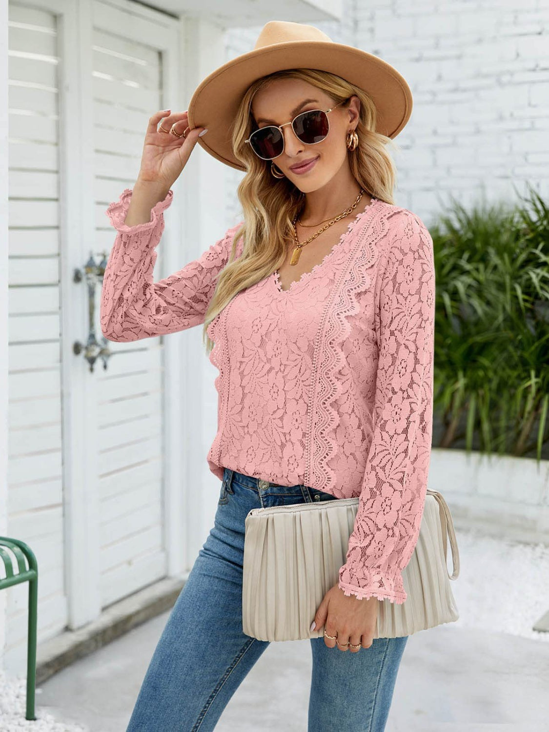 Lace V-Neck Flounce Sleeve Blouse - Flyclothing LLC