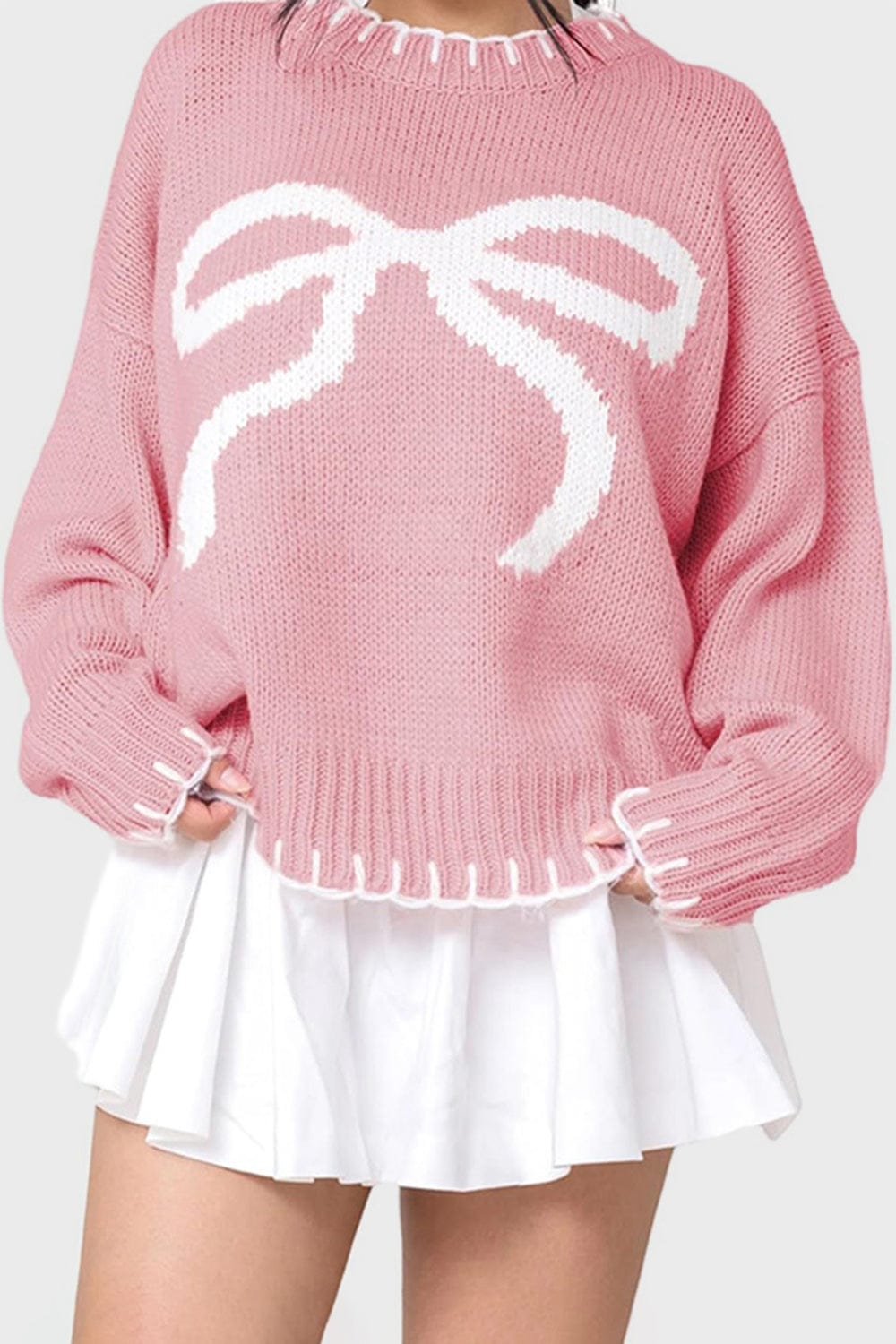 Bow Graphic Round Neck Long Sleeve Sweater - Trendsi