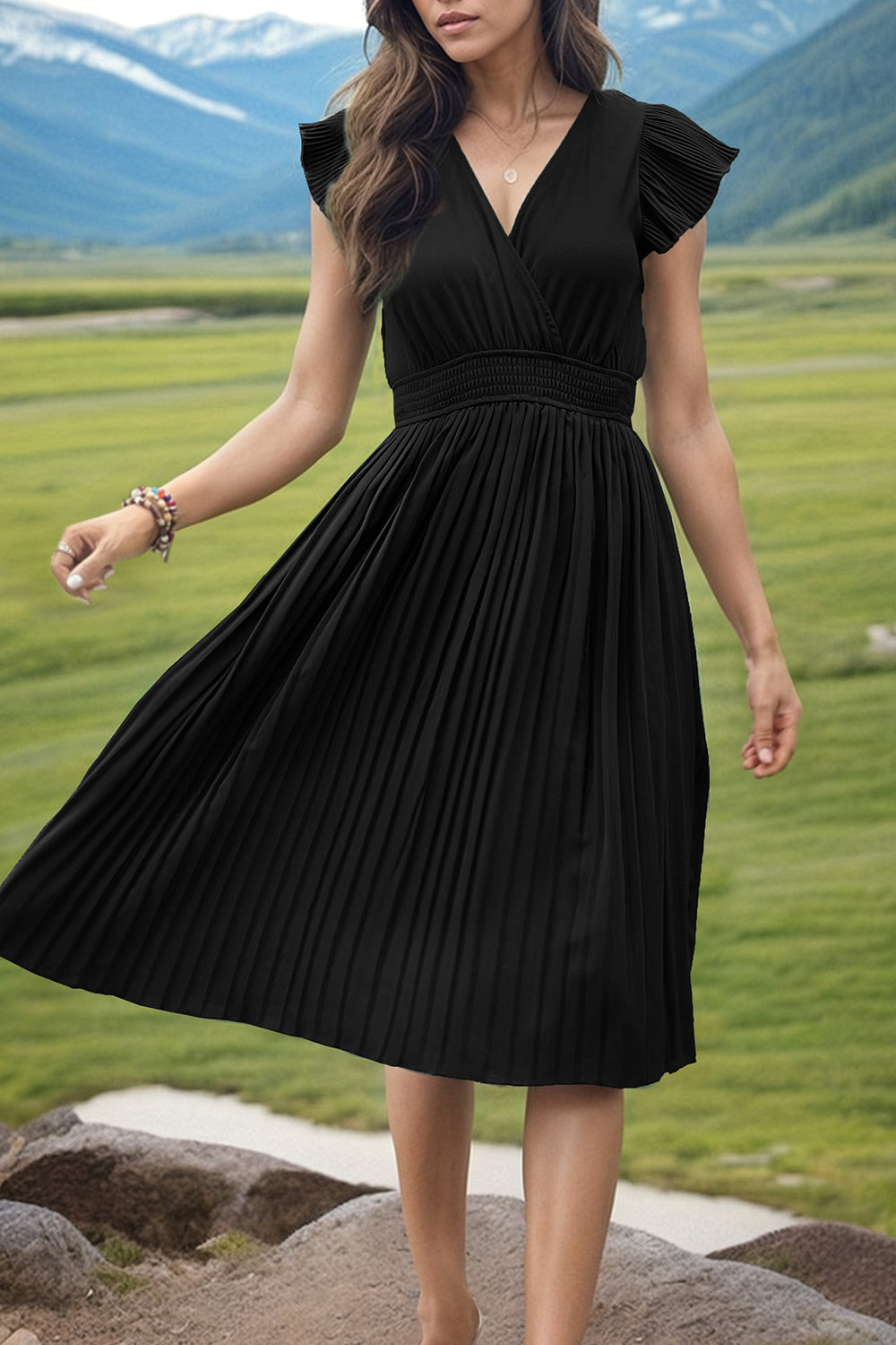 Tied Smocked Waist Flutter Sleeve Dress - Flyclothing LLC