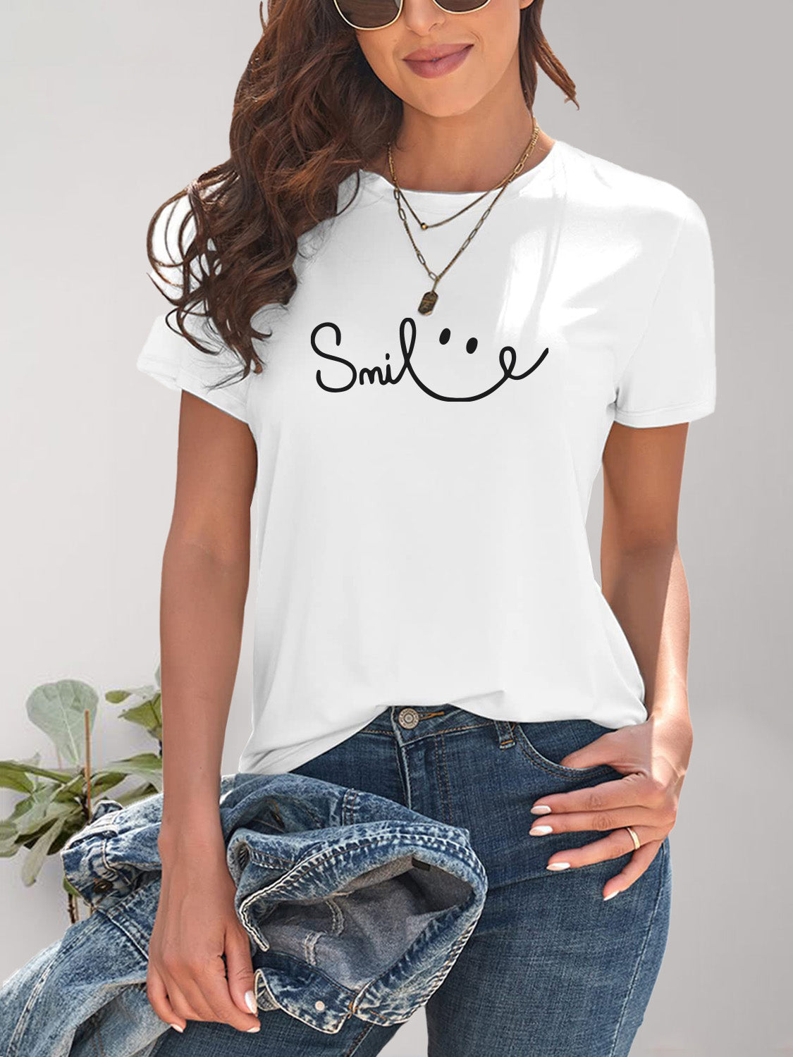 SMILE Round Neck Short Sleeve T-Shirt Trendsi