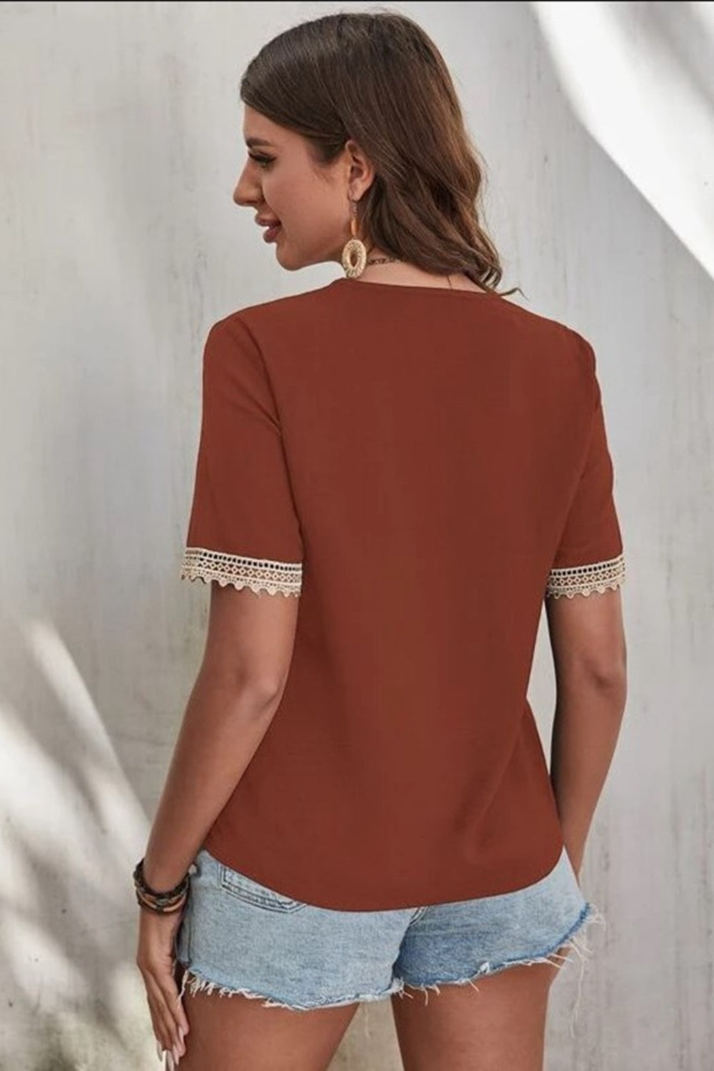 Full Size Lace Detail V-Neck Short Sleeve Blouse Trendsi