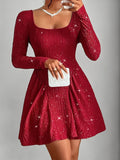 Backless Glitter Square Neck Long Sleeve Mini Dress - Trendsi