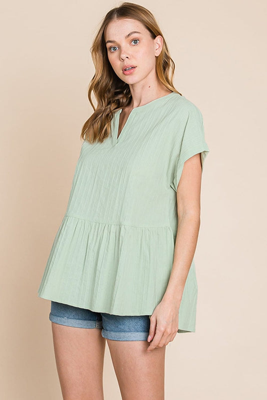 Cotton Bleu by Nu Lab Ruched Notched Short Sleeve Blouse - Trendsi