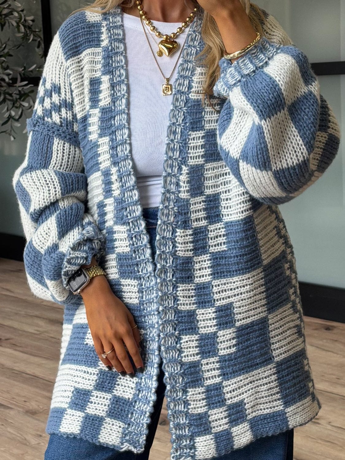 Checkered Open Front Long Sleeve Cardigan - Trendsi