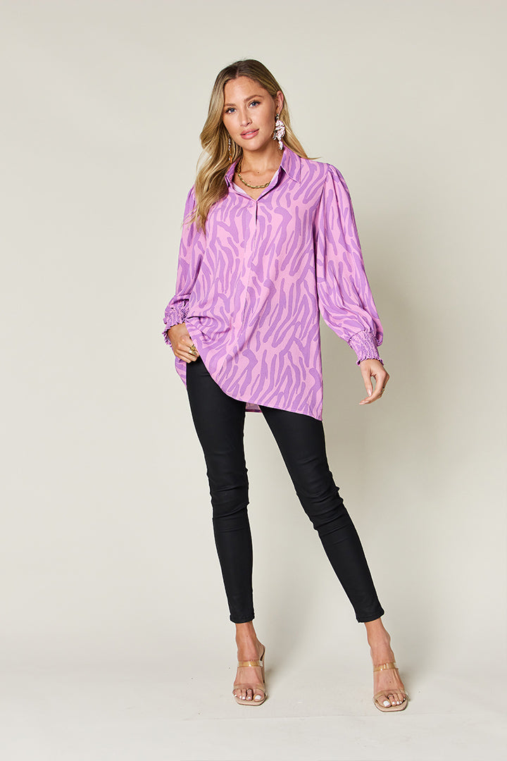 Double Take Full Size Printed Smocked Long Sleeve Blouse - Flyclothing LLC