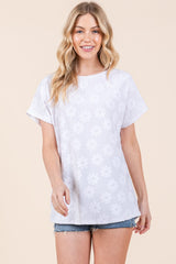 BOMBOM Floral Textured Short Sleeve T-Shirt - Trendsi