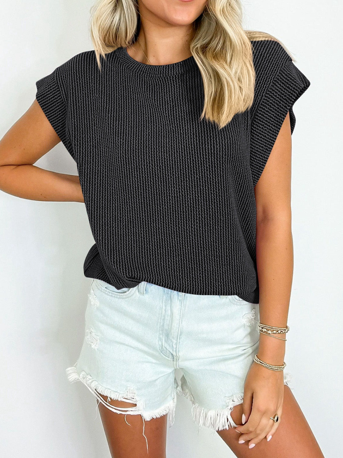 Textured Round Neck Cap Sleeve Blouse Trendsi