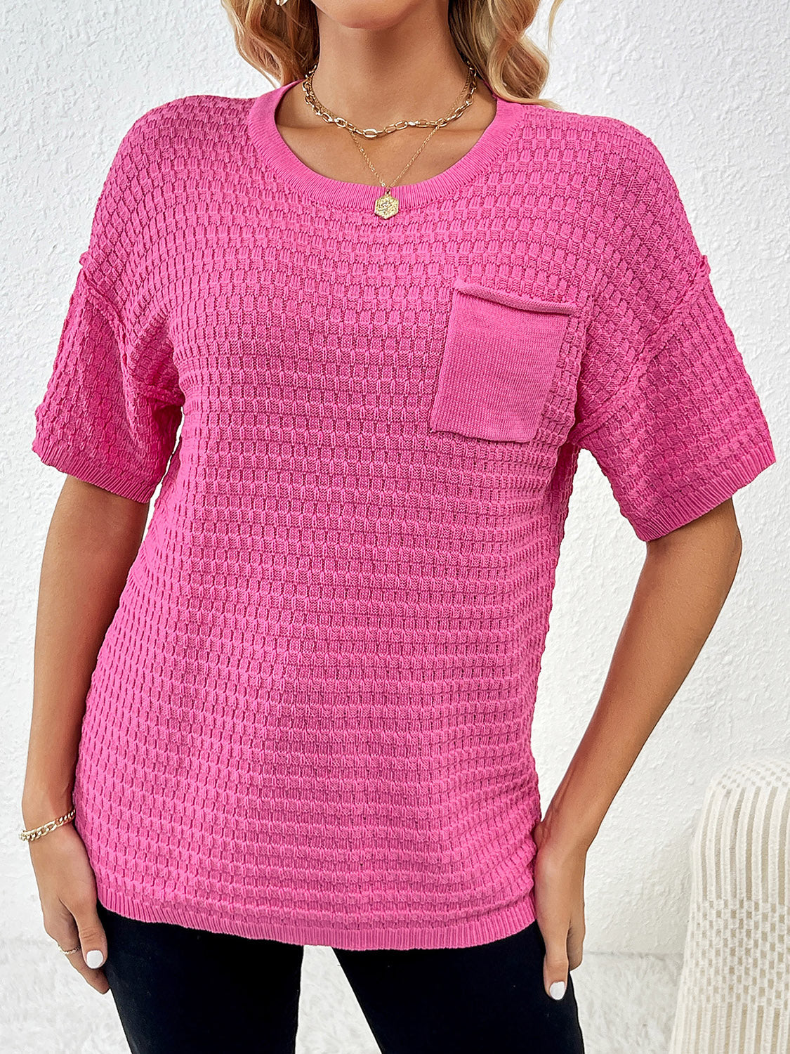 Round Neck Half Sleeve Knit Top - Flyclothing LLC