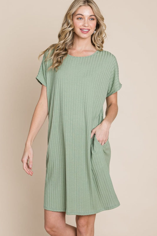 BOMBOM Ribbed Round Neck Short Sleeve Dress - Trendsi