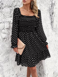 Smocked Polka Dot Long Sleeve Dress - Flyclothing LLC