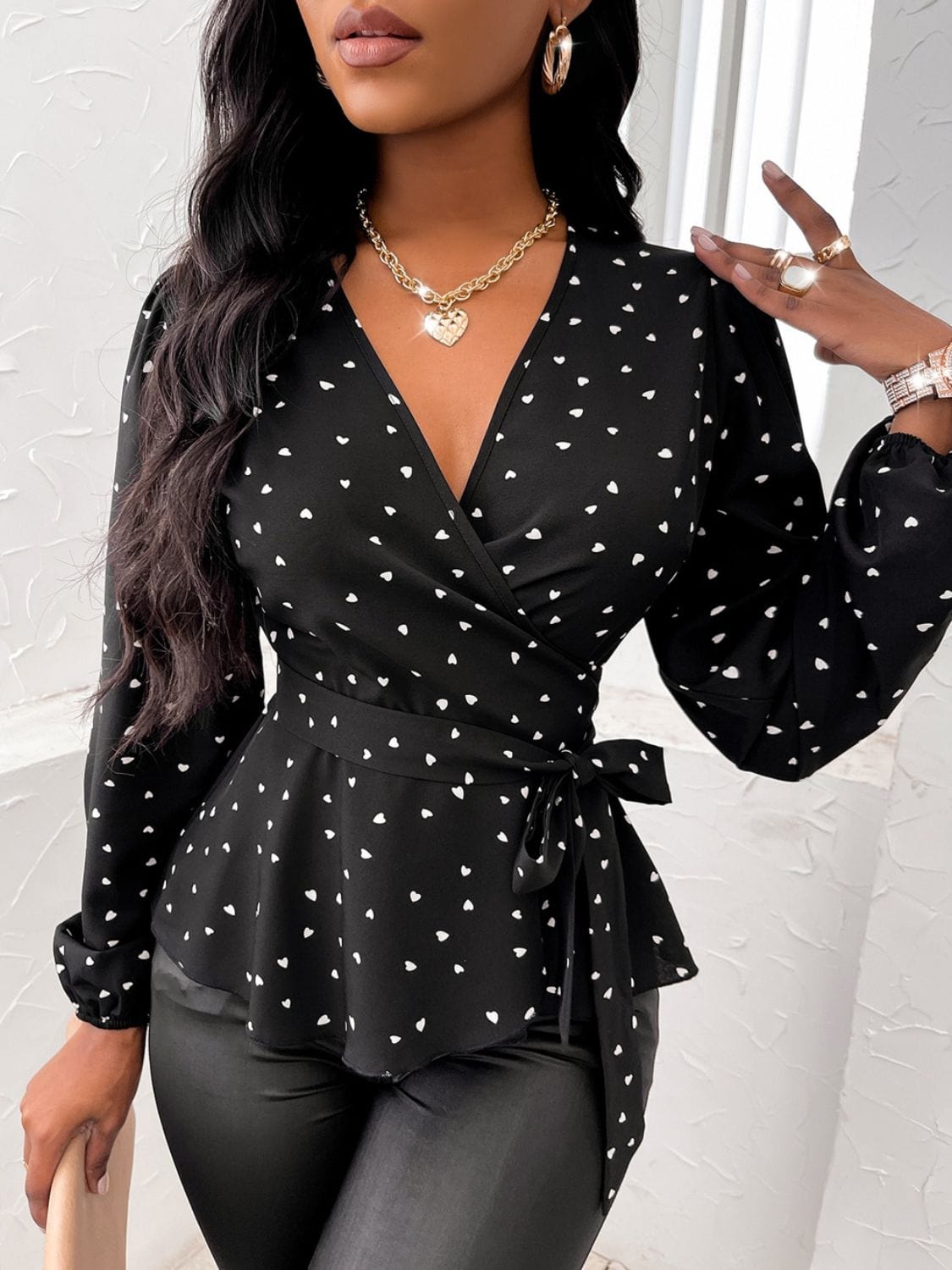 Heart Print Surplice Balloon Sleeve Blouse - Trendsi