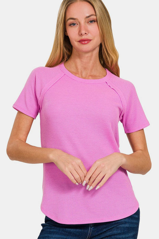 Zenana Round Neck Short Sleeve Waffle T-Shirt - Flyclothing LLC