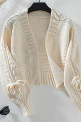 Cable-Knit Tied Open Front Lantern Sleeve Cardigan - Trendsi