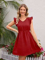 Swiss Dot Ruffled V-Neck Dress Trendsi