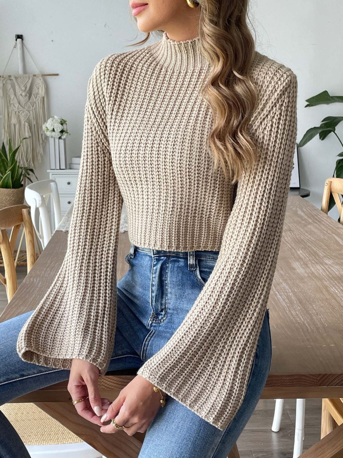 Mock Neck Long Sleeve Sweater - Trendsi