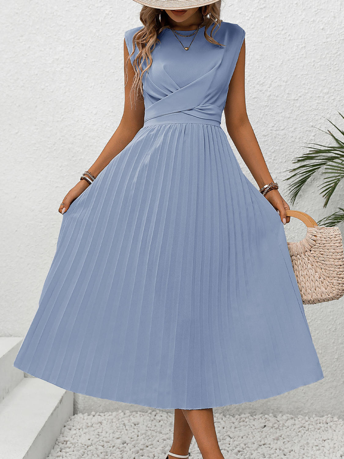 Pleated Round Neck Cap Sleeve Dress - Trendsi