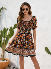 Printed Square Neck Short Sleeve Dress - Flyclothing LLC