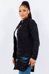 American Bazi Distressed Button Up Long Sleeve Denim Jacket - Trendsi