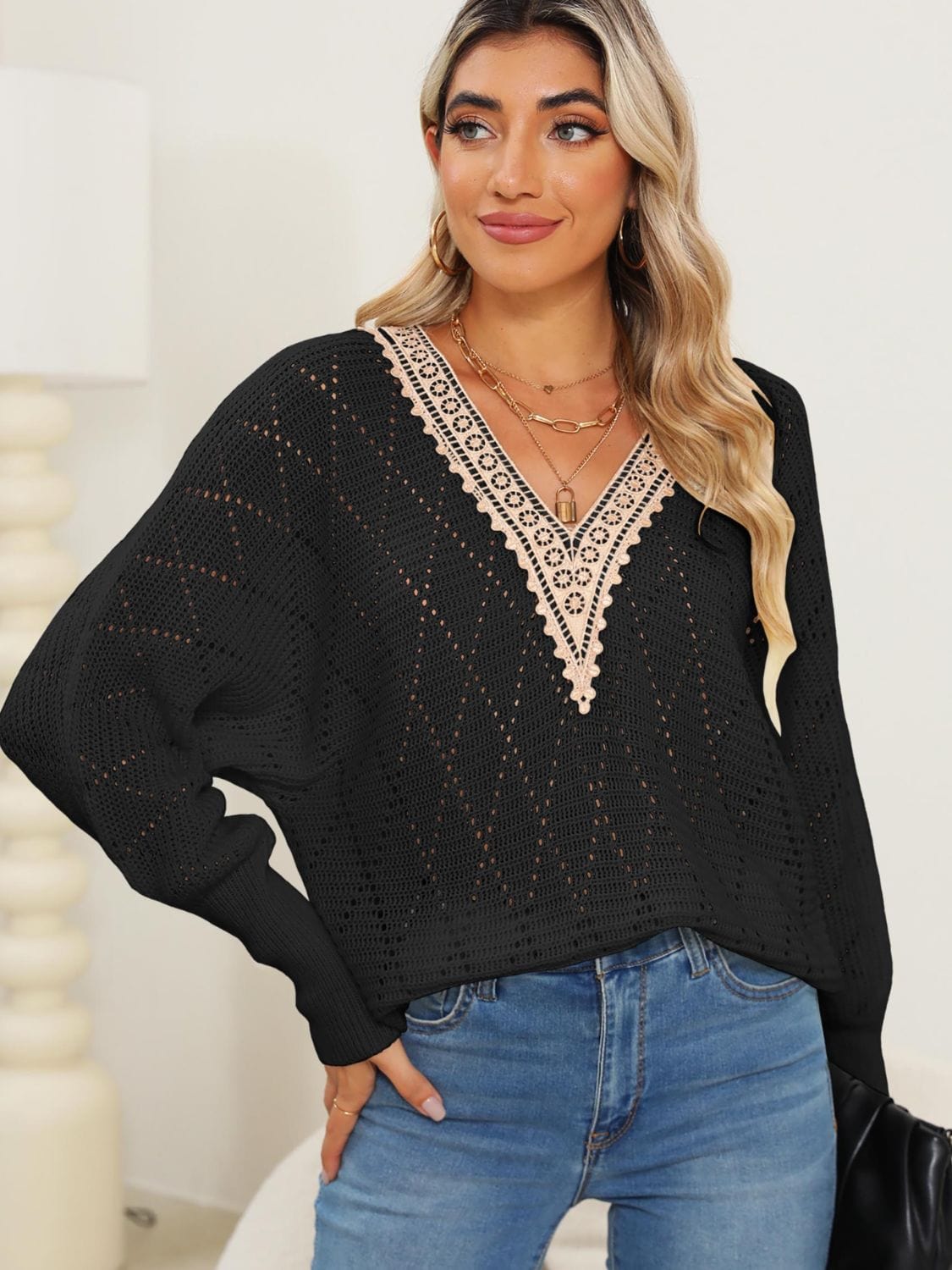 Lace Detail V-Neck Long Sleeve Sweater - Trendsi