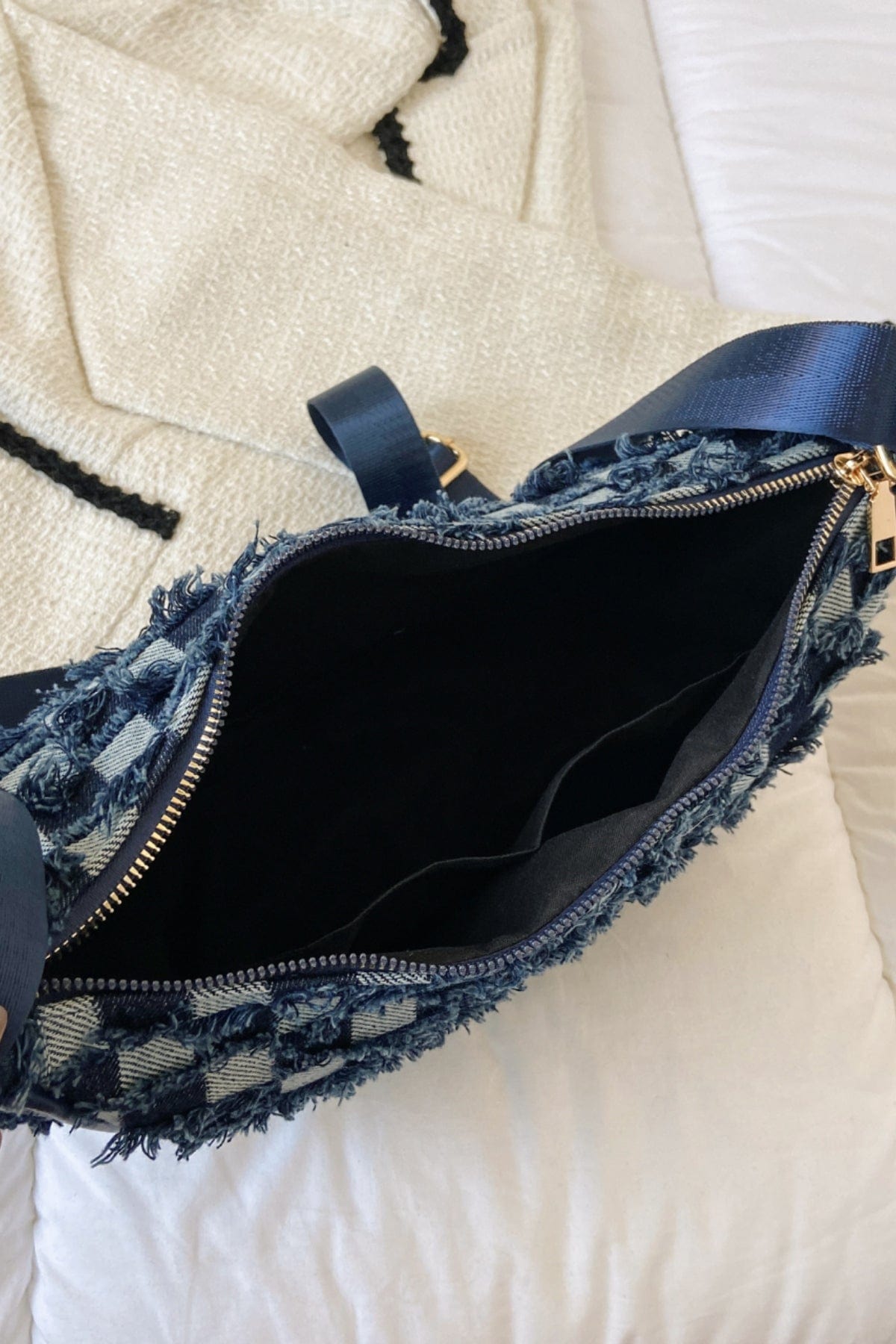 Raw Hem Checkered Denim Crossbody Bag - Trendsi