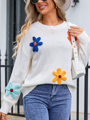 Crochet Flower Round Neck Sweater - Trendsi