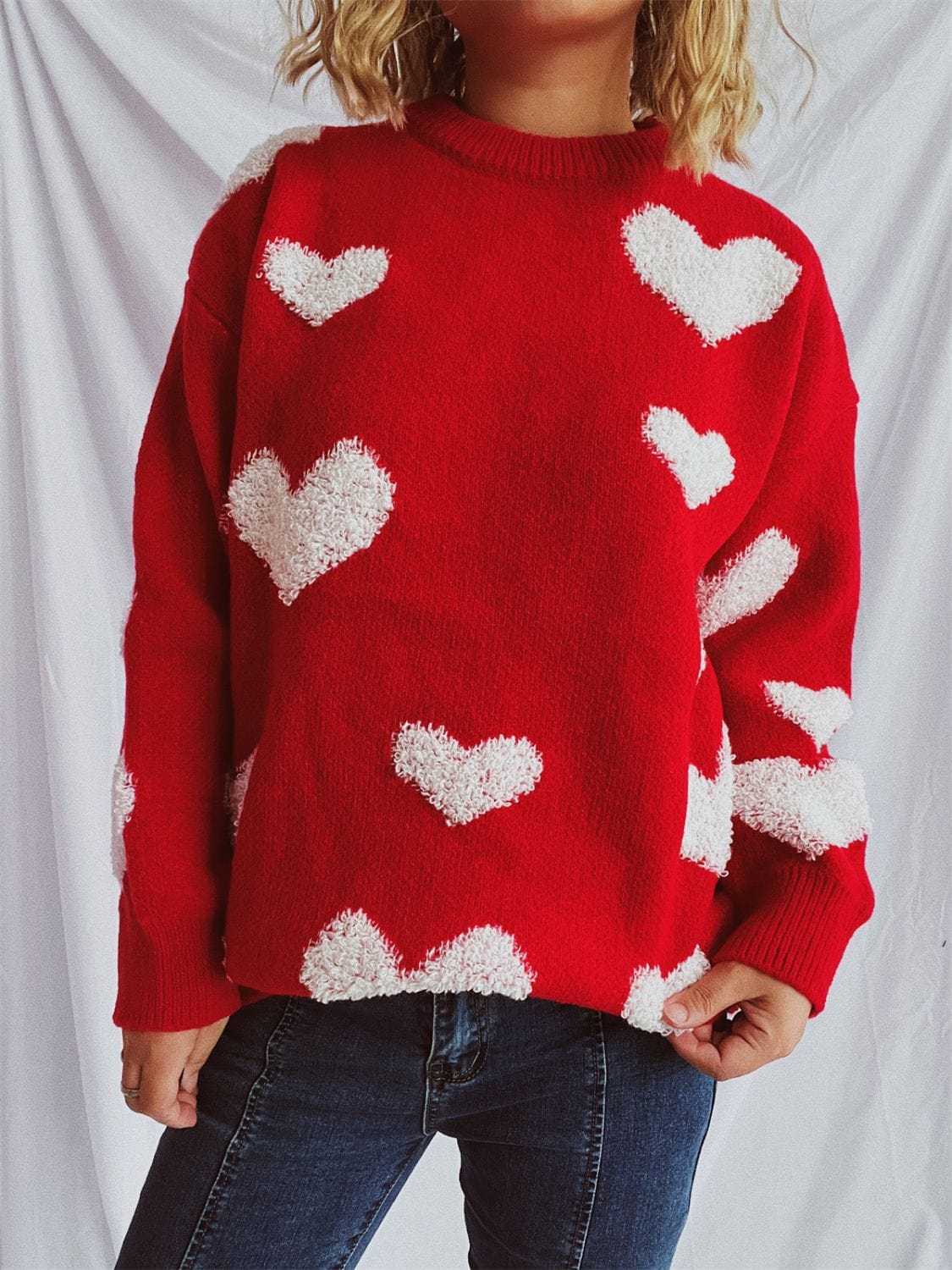 Heart Round Neck Dropped Shoulder Sweater - Trendsi