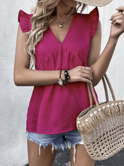 Ruffled V-Neck Cap Sleeve Blouse - Flyclothing LLC