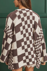 Checkered Open Front Long Sleeve Cardigan - Trendsi