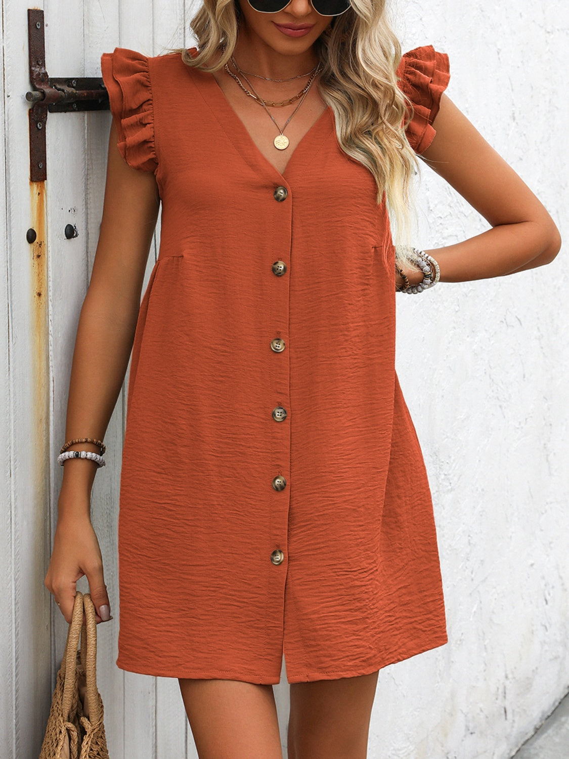 Button Up V-Neck Cap Sleeve Mini Dress Trendsi